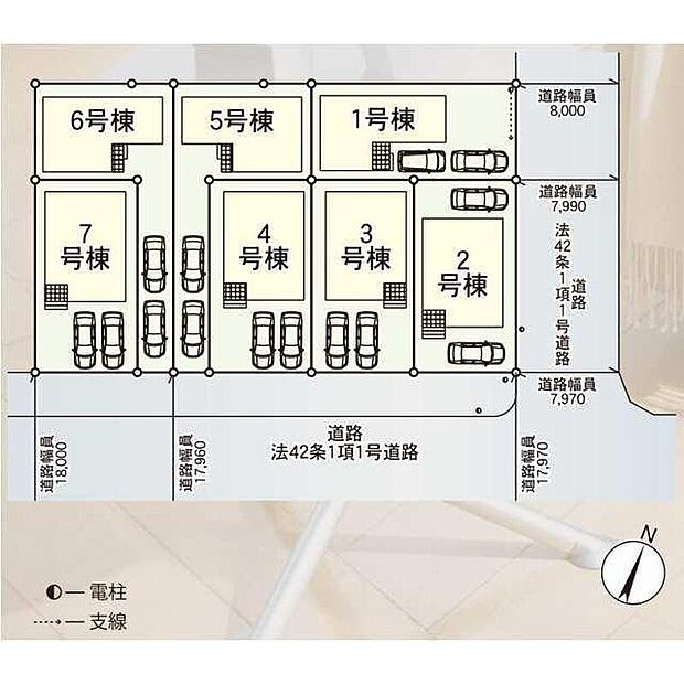 ≪全体区画図≫
全7棟の分譲地♪
駐車2台可能（車種による）！急な来客時や、ご家族の自転車スペースとしても大活躍♪