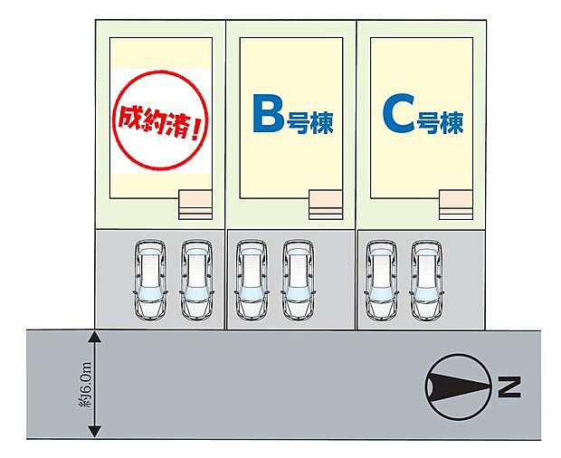 ≪全体区画図≫
駐車2台可能（車種による）！急な来客時や、ご家族の自転車スペースとしても大活躍♪
前面道路が広いので、駐車もラクラクですね！