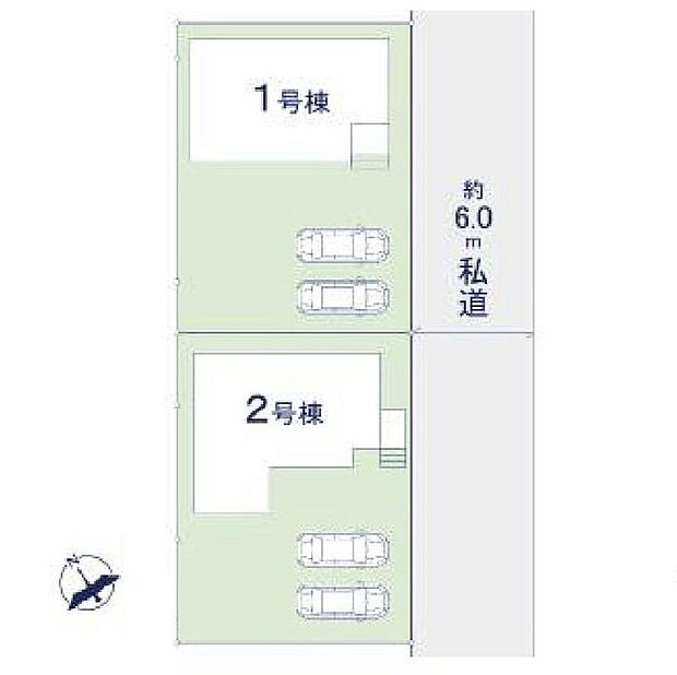 ≪全体区画図≫
駐車2台可能（車種による）！急な来客時や、ご家族の自転車スペースとしても大活躍♪
前面道路が広いので、駐車もラクラク！