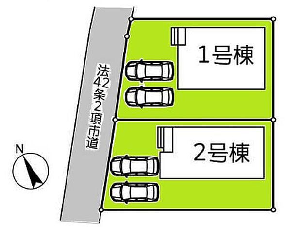 ≪全体区画図≫
駐車2台可能(車種による)!急な来客時や、ご家族の自転車スペースとしても大活躍♪