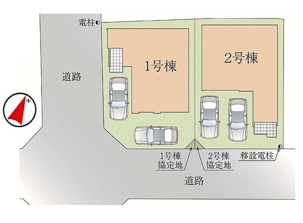 ≪全体区画図≫
駐車2台可能（車種による）！急な来客時や、ご家族の自転車スペースとしても大活躍♪
前面道路が広いので、駐車もラクラク！
