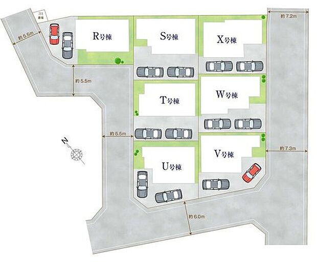 ≪全体区画図≫
全55区画の大型分譲地、第1期7棟!
駐車2台可能(車種による)!急な来客時や、ご家族の自転車スペースとしても大活躍♪