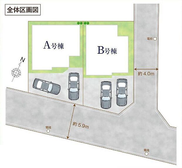 ≪全体区画図≫
駐車2台可能（車種による）！急な来客時や、ご家族の自転車スペースとしても大活躍♪