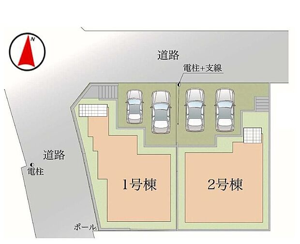 ≪全体区画図≫
駐車2台可能！急な来客時や、ご家族の自転車スペースとしても大活躍♪前面道路が広いので、駐車もラクラクですね！