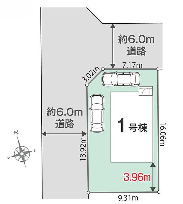 ≪全体区画図≫
明るく開放感のある角地物件♪奥行きのある南庭付！
駐車2台可能（車種による）！急な来客時や、ご家族の自転車スペースとしても大活躍♪