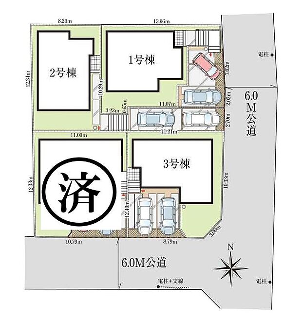 ≪全体区画図≫
駐車2台可能（車種による）！急な来客時や、ご家族の自転車スペースとしても大活躍♪
前面道路が広いので、駐車もラクラクですね！