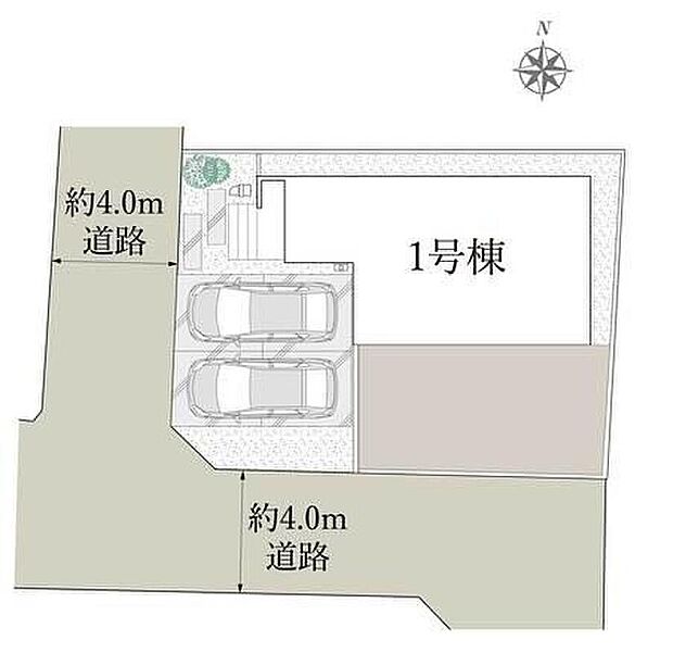 ≪全体区画図≫
明るく開放感のある角地物件♪奥行きのある南庭付！
駐車2台可能（車種による）！急な来客時や、ご家族の自転車スペースとしても大活躍♪
