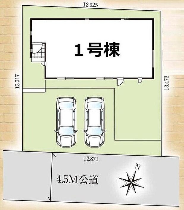 【全体区画図】陽当りの良い南前面道路！
駐車2台可能（車種による）！急な来客時や、ご家族の自転車スペースとしても大活躍♪