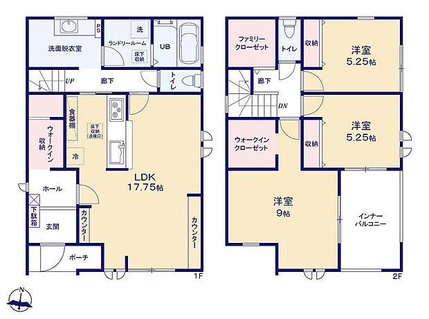 【3LDK】便利な造作カウンター付きのLDK☆玄関ホールには大容量のWIC付きです♪
広々9帖の主寝室にはWIC完備◎2階廊下にもファミリークローゼット付きです!
ランドリールーム、洗面脱衣室も広々♪