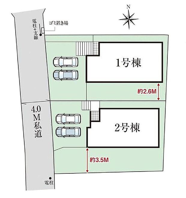 【全体区画図】駐車2台可能（車種による）！急な来客時や、ご家族の自転車スペースとしても大活躍♪