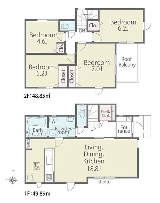 【4LDK】家事のしやすい水廻り集中設計、お掃除ラクラク全居室フローリングプラン♪
玄関ホールに、家族で使える便利なファミリークローク付き！