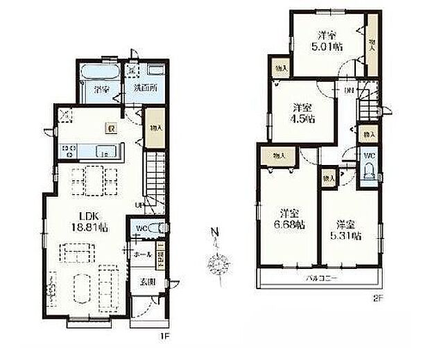 【4LDK】家事のしやすい水廻り集中設計、家族のコミュニケーションがとりやすいリビングイン階段♪
収納力のあるWICもあります！