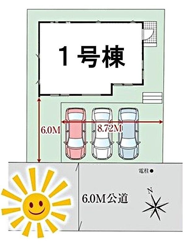 【全体区画図】南前面道路で陽当たり良好♪
駐車3台可能（車種による）！急な来客時や、ご家族の自転車スペースとしても大活躍♪