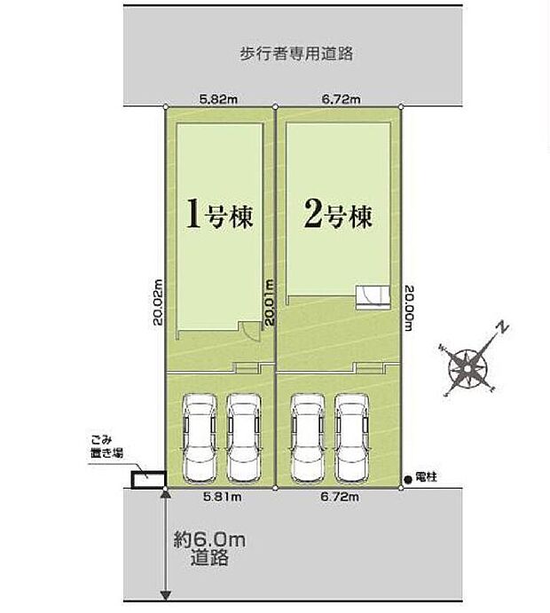 【全体区画図】駐車2台可能（車種による）！急な来客時や、ご家族の自転車スペースとしても大活躍♪
両面道路で陽当たり良好！前面道路が広いので、駐車もラクラクですね！