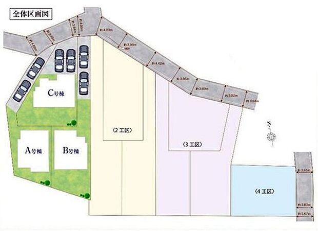 【全体区画図】全10区画の分譲地、第1工区販売開始!
駐車2台可能(車種による)!急な来客時や、ご家族の自転車スペースとしても大活躍♪