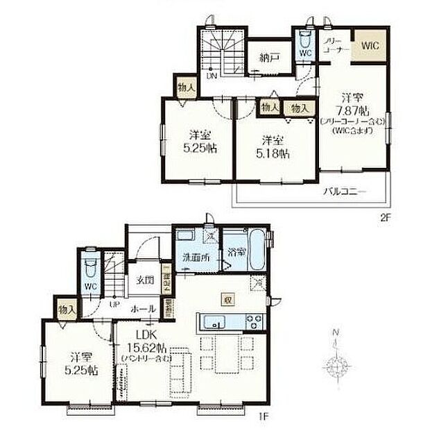 【4LDK+S】明るい全居室南向きのプラン♪
2階には納戸と物入、主寝室にはWICと機能的なフリーコーナー付です!