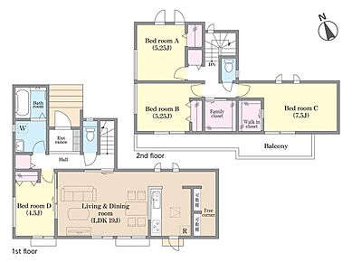 家族で利用可能な大型ファミリークローゼット付き♪主寝室にWICも完備！
キッチン奥には可動棚付の便利なフリーコーナーもある、収納充実プランです♪ 