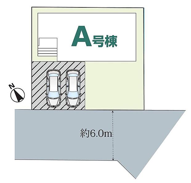 【全体区画図】駐車2台可能（車種による）！急な来客時や、ご家族の自転車スペースとしても大活躍♪
前面道路が広いので、駐車もラクラクですね！