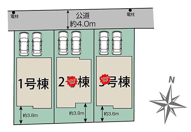 【全体区画図】駐車2台可能(車種による)!急な来客時や、ご家族の自転車スペースとしても大活躍♪