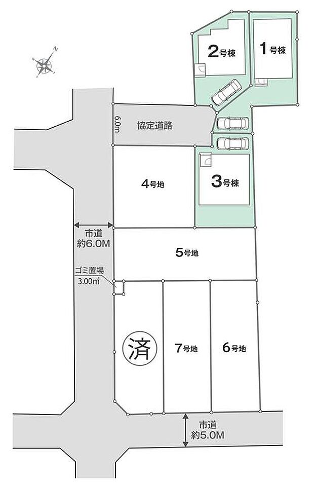 【全体区画図】全8棟の分譲地、01期3棟の分譲開始です！
カースペース1台分♪
