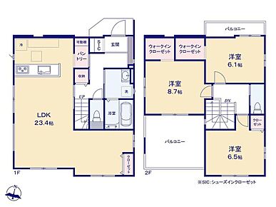2階居室にWICが2ヶ所！玄関にはSIC、キッチンにはパントリー等、収納が充実！オプションで4LDKに間仕切対応可能です！ 