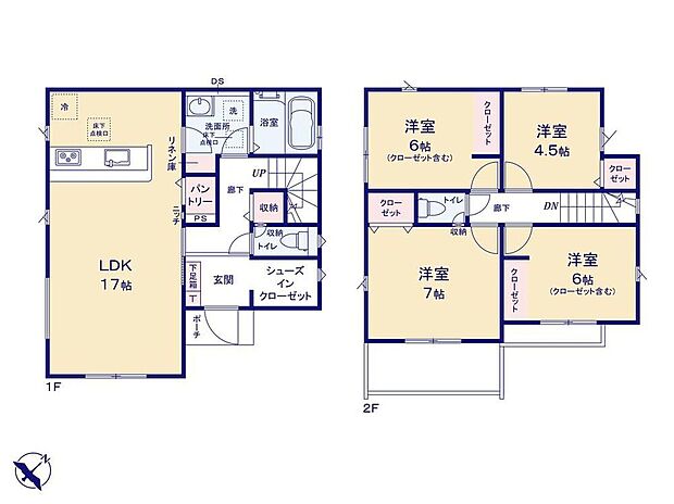 【4LDK】家事のしやすい水廻り集中設計、お掃除ラクラク全居室フローリングプラン♪シューズクローク・パントリー・リネン庫等、収納が充実しています！