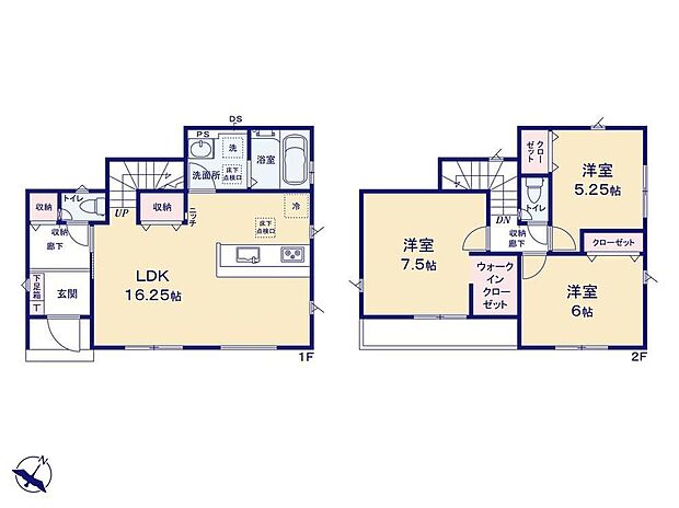 【3LDK】家事のしやすい水廻り集中設計！家具の配置がしやすいワイドリビング！主寝室には収納力のあるWIC！あると便利なリビング収納・玄関ホール物入もあります！
