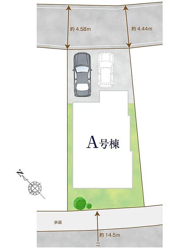 【全体区画図】駐車2台可能(車種による)!急な来客時や、ご家族の自転車スペースとしても大活躍♪