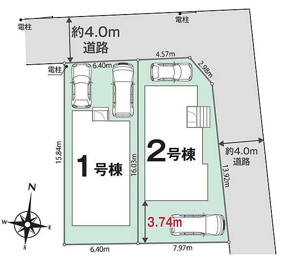 【全体区画図】駐車2台可能（車種による）！急な来客時や、ご家族の自転車スペースとしても大活躍♪
前面道路が広いので、駐車もラクラクですね！
