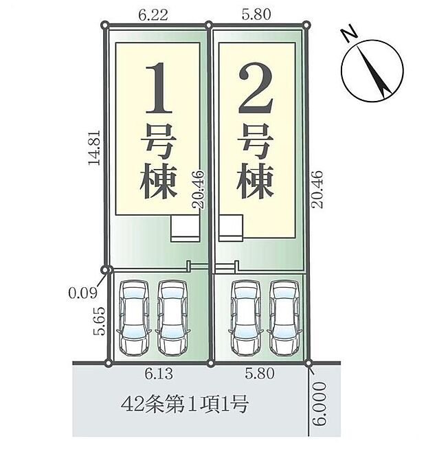 【全体区画図】駐車2台可能(車種による)!急な来客時や、ご家族の自転車スペースとしても大活躍♪
前面道路が6mと広いので、駐車もラクラク!