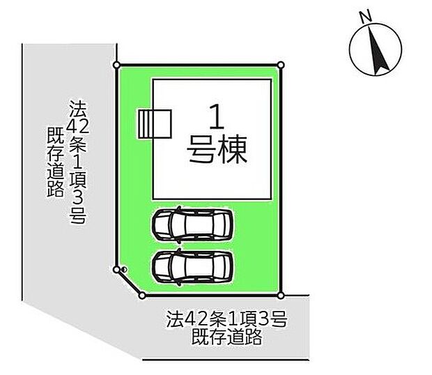 【全体区画図】明るく開放感のある角地物件!
駐車2台可能(車種による)!急な来客時や、ご家族の自転車スペースとしても大活躍♪