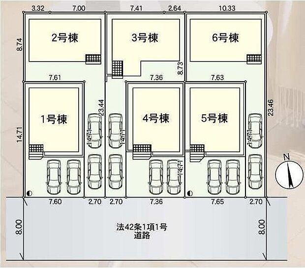 【全体区画図】全6棟の分譲地！南前面道路で陽当たり良好♪
駐車2台可能（車種による）！急な来客時や、ご家族の自転車スペースとしても大活躍♪
前面道路が広いので、駐車もラクラクですね！