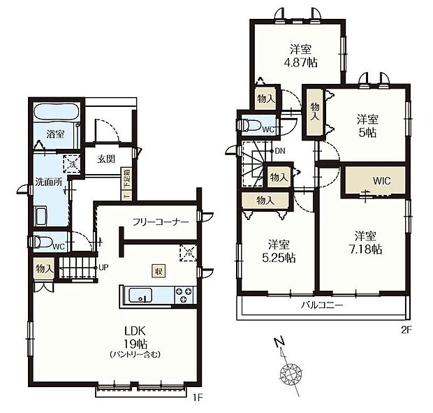 【4LDK】家族が集うLDKはゆとりの19帖！家族のコミュニケーションがとりやすいリビングイン階段プラン！キッチン裏のフリーコーナーは、パントリーのようにもお使いいただけます♪