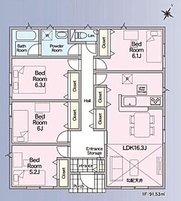 平屋でも部屋数確保の4LDKプラン♪あると便利なリビング収納・ホール物入付きです！ 