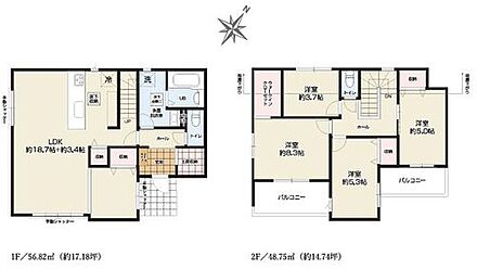 ＬＤＫは広々18帖超え☆家具レイアウトの幅も広がります！
多目的に使える玄関土間収納付き♪
主寝室にはウォークインクローゼットを完備！増えがちな衣類やバッグなどを効率よく収納できます！ 