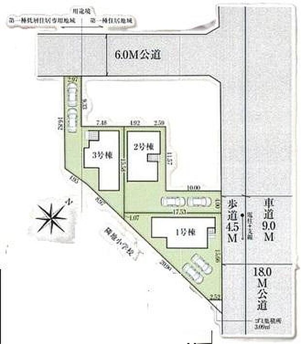 【全体区画図】敷地は45坪以上♪カースペースは2台分ご用意。空いたスペースは駐輪場としてもお使いいただけます◎