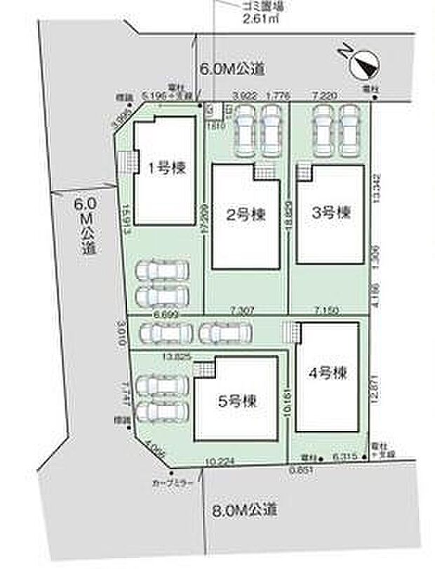 【全体区画図】角地☆前面道路広々♪カースペースは2台分ご用意。空いたスペースは駐輪場としてもお使いいただけます◎