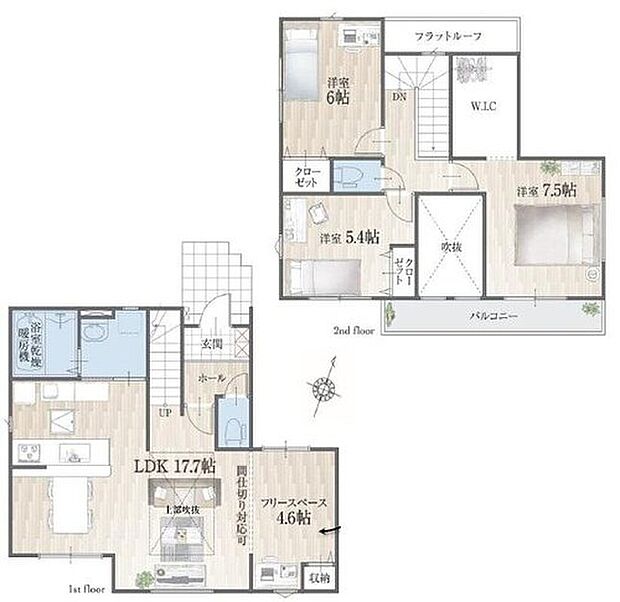 【3LDK】●間仕切り対応可能なフーリースペース有♪
●吹き抜けを設けることによって開放感が生まれ、日光を取り入れることができます
●増えがちな衣類やバッグなどを効率よく収納できるWIC！