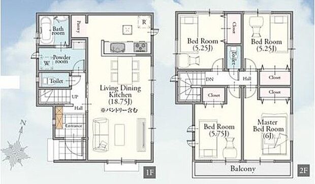 【4LDK】●家族とのつながりを意識した見通しのいいリビング！
●1階は家族が集まる団欒スペース、2階はそれぞれ自分時間を過ごせるスペース♪
●常備食のストックや家電の収納に役立つパントリー付