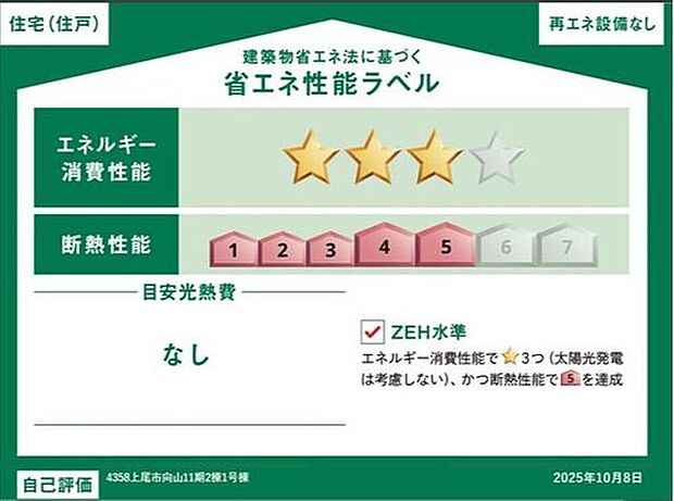 【【省エネ性能ラベル】】こちらの物件はZEH水準を満たした、省エネ性能に優れた物件です。　光熱費を抑えて暮らすことができるだけでなく、「熱の入りにくさ・逃げにくさ」という観点でも影響を受けにくい建物のため、長く快適にお過ごしいただけます♪　※本ラベルは特定の住戸の性能を示すものであり、全ての住戸の性能を示すものではありません。