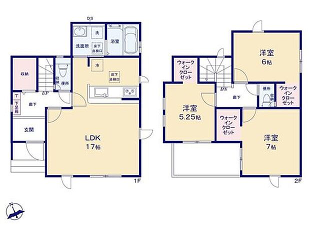【3LDK】●１階には大容量のホール収納♪
●効率的でストレスのない家事動線。水回りが集中しており、移動がスムーズです♪
●増えがちな衣類やバッグなどを効率よく収納できるWICが３か所！