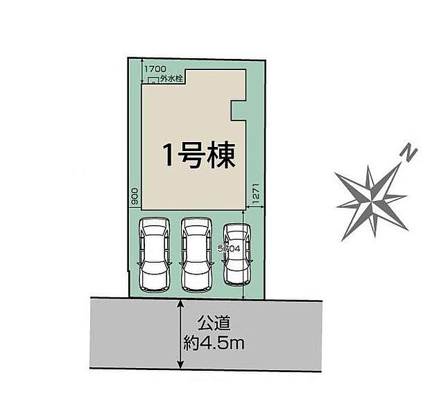 【全体区画図】カースペースは3台分ご用意。（車種による）
家族分の自転車を駐輪したり、来客用の駐車スペースとしてもお使いいただけます♪