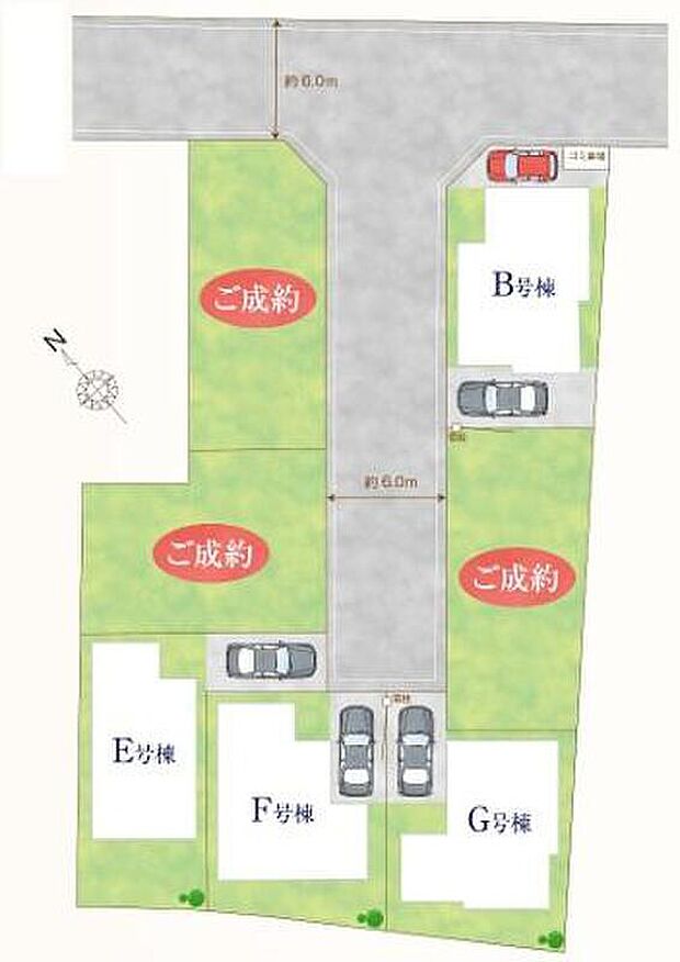 【全体区画図】前面道路広々♪カースペースは1~2台分ご用意。空いたスペースは駐輪場としてもお使いいただけます◎