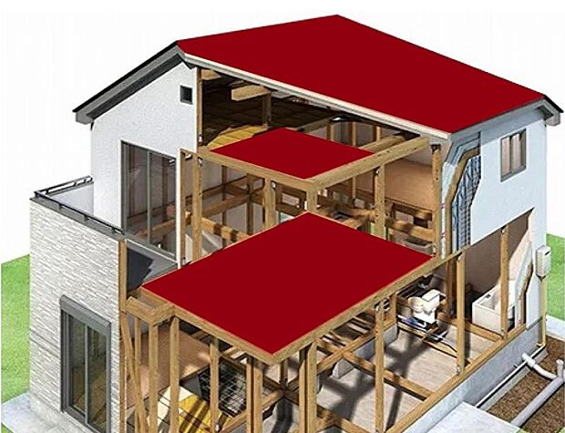 【横の力を面に伝える「水平構面」】天井裏は人が乗らない部分であるため、通常の床板を使用するのではなく、火打金物で強度を保つ。野地板は、屋根材の下地として構造用合板等の面材と垂木とで構成され、所定の条件を満たすことで水平構面の働きをします。