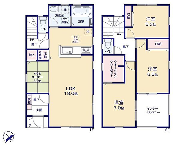 【3LDK】●タタミコーナーは客間にも、お昼寝スペースや書斎など多目的にお使い頂けますので大変便利です。
●主寝室にはウォークインクローゼットを完備！増えがちな衣類やバッグなどを効率よく収納できます！
