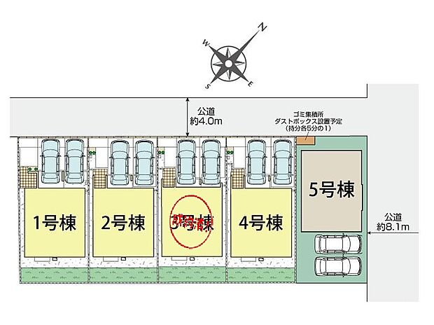 【全体区画図】閑静な住宅地☆駐車スペースは並列2台分☆家族分の自転車を駐輪したり、来客用の駐車スペースとしてもお使いいただけます♪