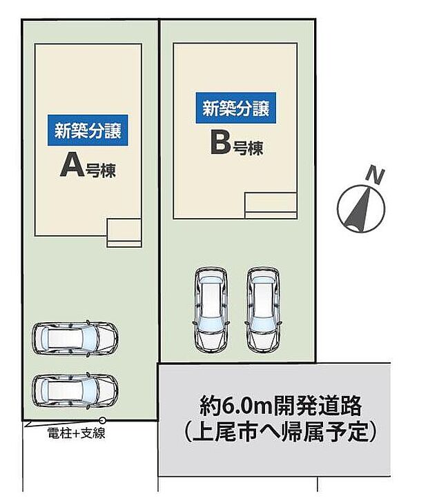 【全体区画図】前道が6mあるので、車庫入れが苦手な方でも安心して入れられます。2台を並列駐車できるゆとりあるカースペース。
