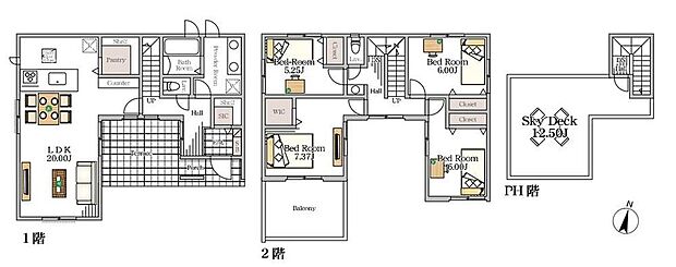 【4LDK】●家族とのつながりを意識した見通しのいい20帖のリビング!
●常備食のストックや家電の収納に役立つパントリー付♪
●12.5帖の大型スカイバルコニーには照明・コンセント・水栓付き