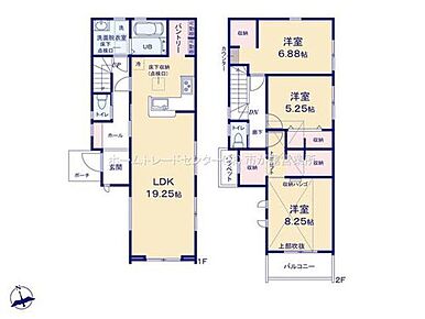 LDKは広々１９．２５帖、人気の対面式キッチン♪
憧れのパントリー付き！
水回りを集約、機能的な家事動線☆
全居室に収納完備！
南向きバルコニー♪ 