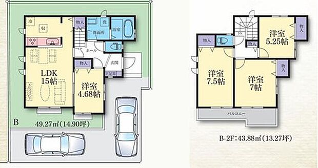 【4LDK】カースペース2台分ございます!
玄関入ってすぐ洗面所、帰宅後すぐに手が洗えます♪
LDKはゆとりの15帖、人気の対面式キッチン☆
全居室2面採光&収納完備!
2部屋より出入り可能、ワイドバルコニー☆
